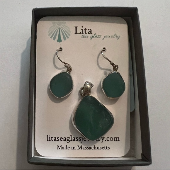 Lita Sea Glass Jewelry - 925 Lita Sea Glass Rare Deep Teal Pendant & Earrings New In Box